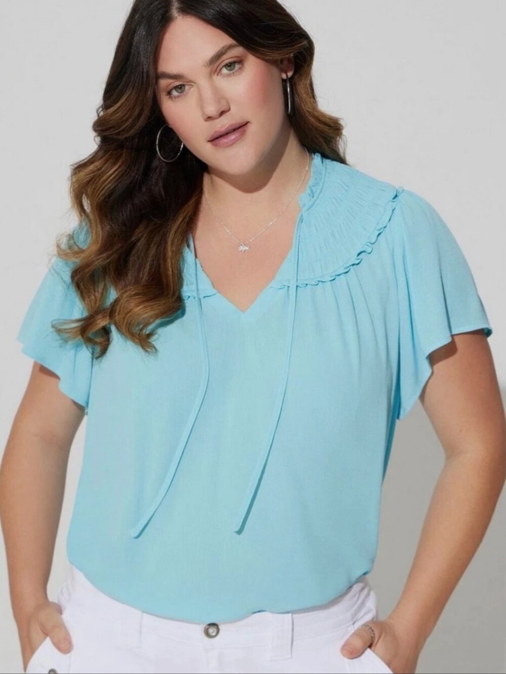 Torrid Washable Gauze Smoked Yoke Tie Front Neckline Blue Topaz Ruffle Top 3X
